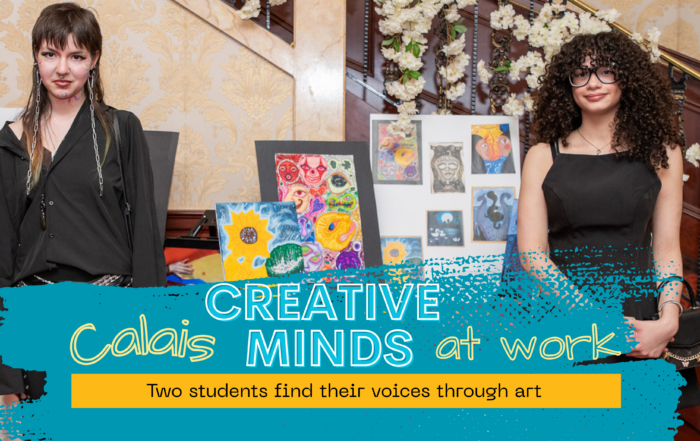 Art students Cam A. and Sofia E. proudly pictured at the Calais Foundation Gala alongside their artwork.